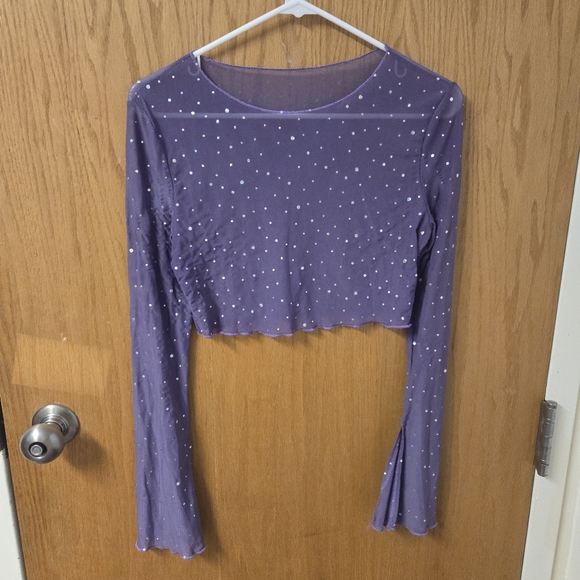 SHEIN BAE Lettuce Trim Flounce Sleeve Crop Sequin Mesh Top - Picture 4 of 7